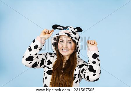 Happy Teenage Girl In Funny Nightclothes, Pajamas Cartoon Style Smiling, Positive Face Expression, S