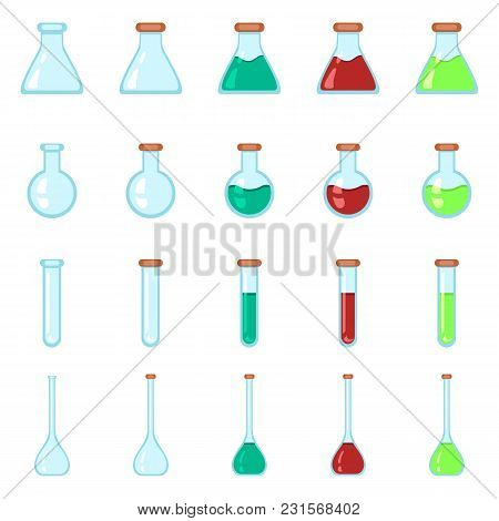 Vector Set Of Chemistry Lab Glassware Flat Icons.