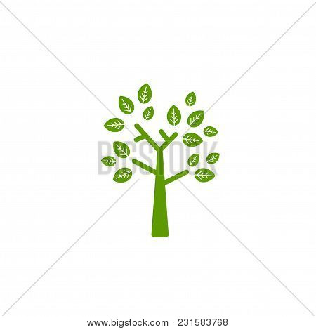 Green Flat Geometric Tree With Straight Branches Sharp Leaves Isolated On White. World Environment D