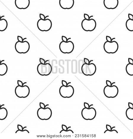 Seamless Texture With Black Apple Outline. Flat Ornament On White Background. Vector Nature Illustra