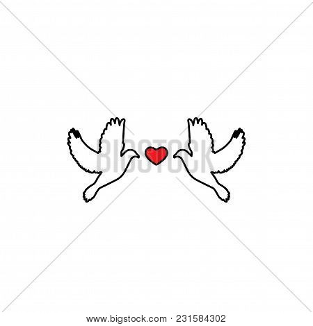 Two Outline Dove With Red Heart On White Background. Saint Valentine Vector Illustration. Romantic G