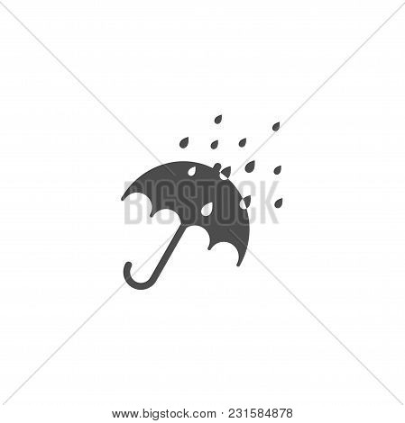 Black Open Umbrella With Rain Drops. Flat Icon Isolated On White. Flat Design. Vector Illustration. 