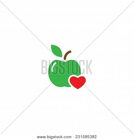 Green Apple With Red Heart Icon. Flat Pictogram Isolated On White. Vector Illustration. Healthy Food