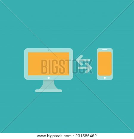 Blue Computer Connection With Smartphone. Isolated On Turquoise Background. Flat Vector Simple Icon.
