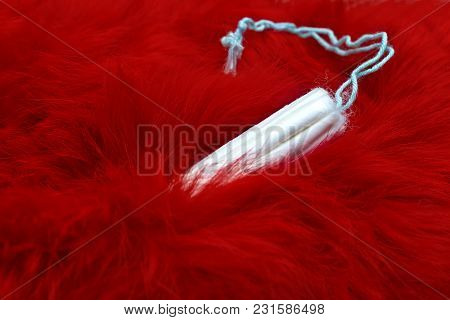 Red Fur And Menstrual Tampon. Woman Critical Days, Gynecological Menstruation Cycle. Menstruation Sa