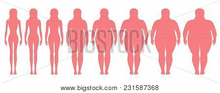 Vector Illustration  Of Woman Silhouettes With Different  Weight From Anorexia To Extremely Obese. B