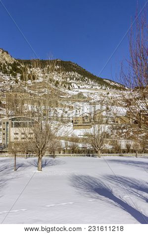 Winter Pyrenes Landscape Near Trekking Trail, Village Of Canillo. Principality Of Andorra.