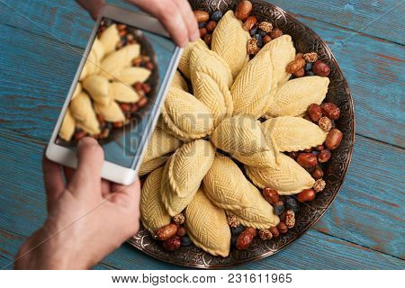 Food Photography Of Novruz Tray With Azerbaijan National Pastry Shekerbura On Wooden Table Backgroun