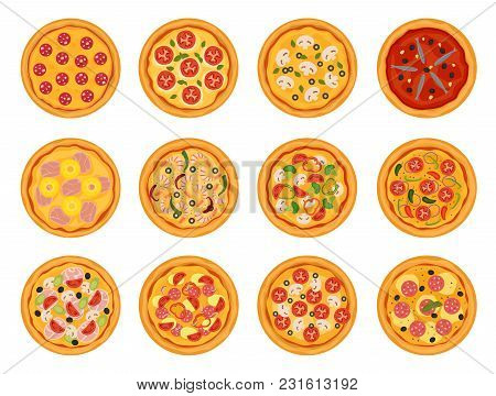 Pizza Vector Italian Food With Cheese And Tomato In Pizzeria Or Pizzahouse Illustration Set Of Baked