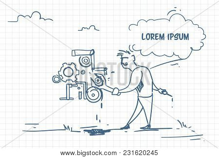 Doodle Businessman With Spanner Manager Adjusts Mechanism. Support Service Conceptvector Illustratio