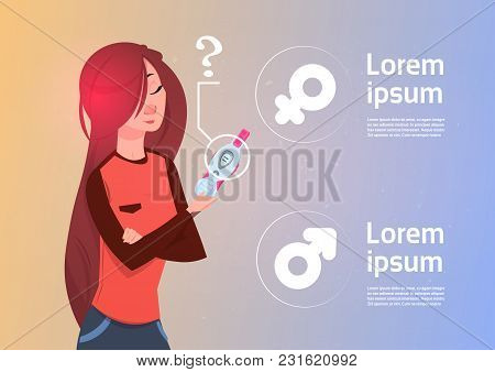 Woman Holding Positive Prenancy Test Thinking Of Baby Male Or Female Sign Background Flat Vector Ill