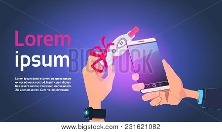 Hand Holding Positive Prenancy Test With Red Ribbon Bow And Smart Phone Over Template Background Fla