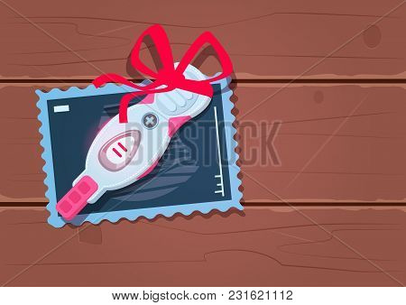 Positive Prenancy Test With Red Ribbon Bow On Wooden Texture Background Flat Vector Illustration