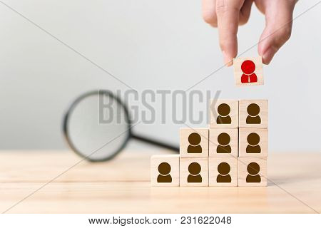 Human Resource And Talent Management And Recruitment Business Concept, Hand Putting Wood Cube Block 