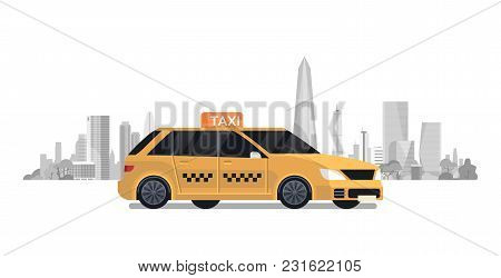 Yellow Taxi Car Cab Over Silhouette City Background Flat Vector Illustration
