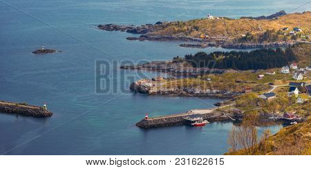 Norway Landscape and Fishing boats in harbor Northern Norway, Lofoten Island, Ramberg, Norway - Aerial View