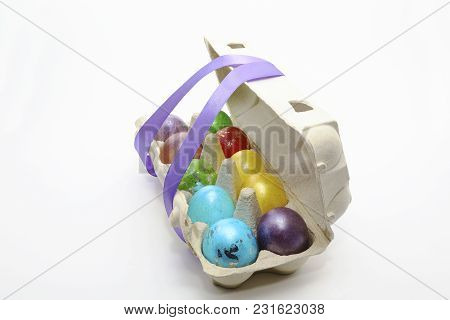 Box Full Of Easter Eggs Corded With Lilac Ribbon On White Background With Copy Space For Text. Easte
