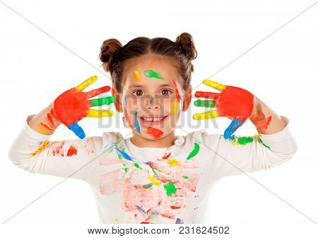 Funny girl with hands and face full of paint isolated on a white background