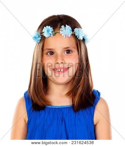 Beautiful small girl with blue dress and a flowersÃÂ´ wreath on her head isolated on a white background