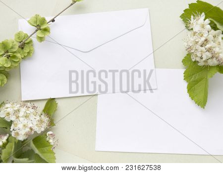 Craft Paper Sheets And White Envelope. Blank Card With Spring Green Leaves And White Flowers. Mockup