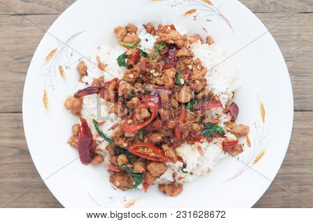 Stir Firied Pork With Basil, Thai Spicy Dish, Pad Kaprow Favorite Street Menu