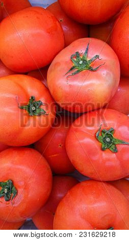 Tomatoes For Sale At The Vegetables Market. Tomatoes In Box For Sale, Supermarket Food Vegetables Ba