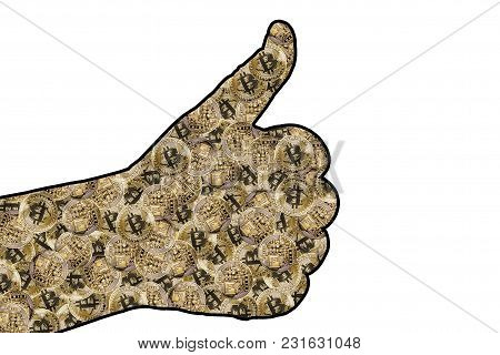 Contour Of The Hand With A Gesture All Is Well . Inside The Contour Of Bitcoins. Isolate On White Ba