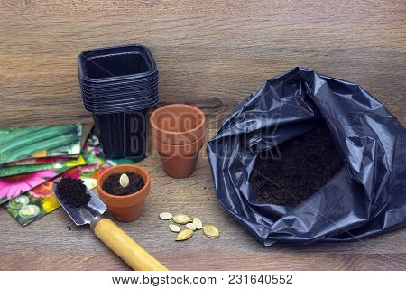 A Photo Of The Package Of Soil, A Shovel, Ceramic And Black Plastic Flower Pots For Plants, Pumpkin,