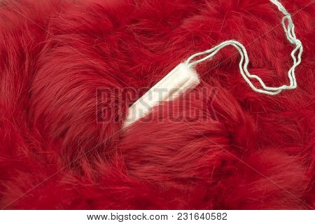 Red Fur And Menstrual Tampon. Woman Critical Days, Gynecological Menstruation Cycle. Menstruation Sa