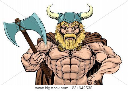 An Illustration Of A Tough Looking Viking Warrior Mascot With An Axe