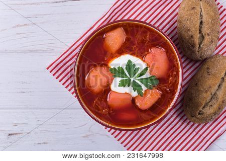 Borsh Ukrainian Traditional Dish With Sour On Wooden Background