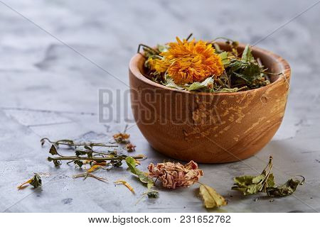 Spa Still Life With Flowers In Wooden Bowl On Light Textured Background, Top View, Close-up, Selecti