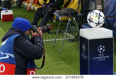 Kharkiv, Ukraine - February 21, 2018: Photographer Makes A Photo Of The Official Match Ball Of Uefa 