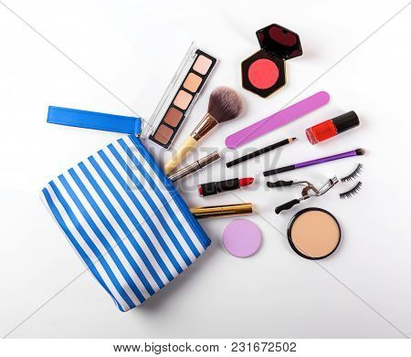 Makeup Bag With Cosmetics On White Background. Top View