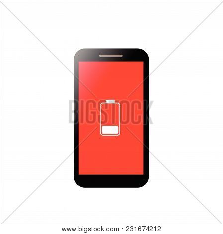 Mobile Phone Low Battery With Red Screen Concept. Smartphone And Low Battery.