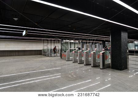 Moscow, Russia - March 17. 2018. Turnstiles At The Entrance To The Metro Station Petrovsky Park