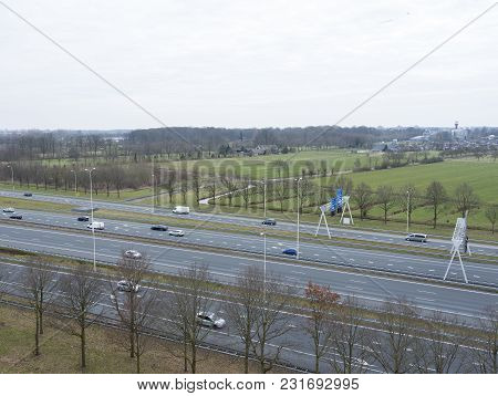 Traffic On Motorway A28 Near Utrecht Uithof And Zeist In The Netherlands