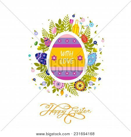 Stock Vector Illustration Flyer Brochure Banner With Inscription Typography Happy Easter On Colored 