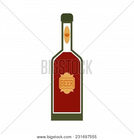 Vector Flat Beer Glass Bottle Mockup Closeup With Green Golden Lebel. Ready For Your Design Product 