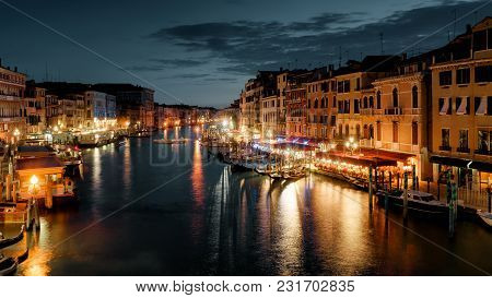 Grand Canal At Night, Venice, Italy. It Is One Of The Best-known Sights In Venice. Panoramic View Of