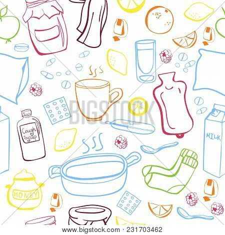 Bright Vector Seamless Pattern Get Well Soon. Raspberry Jam Jar, Socks, Scarf, Hot Tea, Lemon, Medic