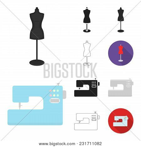 Atelier And Sewing Cartoon, Black, Flat, Monochrome, Outline Icons In Set Collection For Design. Equ