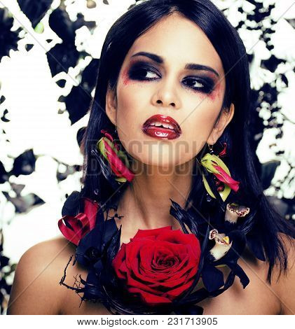 Pretty Brunette Woman With Rose Jewelry, Black And Red, Bright Make Up Kike A Vampire Closeup Red Li