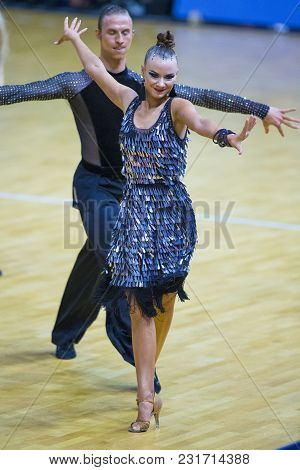 Minsk-belarus, March 11, 2018: Dance Couple Of Ivan Boykov And Dariya Prokopenko Performs Adult Lati