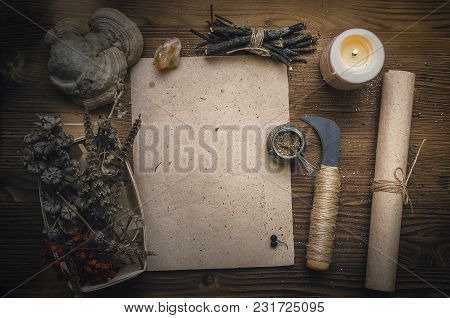 Magic Potion Ancient Recipe Scroll With Copy Space. Alternative Herbal Medicine. Shaman Table With C