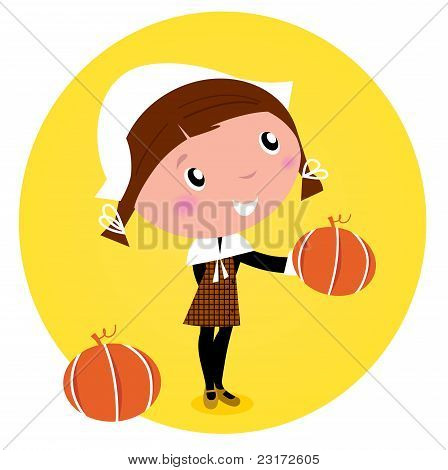 Hezký den díkůvzdání / Pilgrim dívka s dýňová hlava - izolované na bílém. Kreslené vektorové ilustrace.