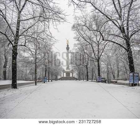 Munich , Germany - February 17 2018 : The Angel Of Peace On The Top Of Friedensengel Monument In Mun