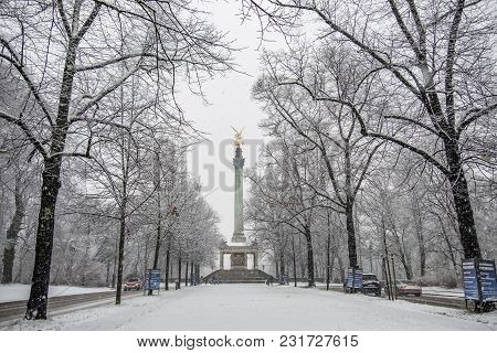 Munich , Germany - February 17 2018 : The Angel Of Peace On The Top Of Friedensengel Monument In Mun