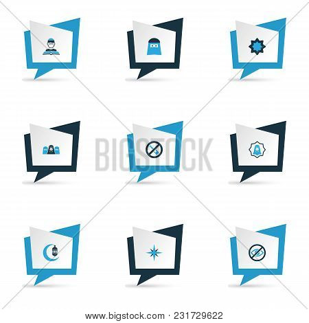 Holiday Icons Colored Set With Human, Imam, Crescent And Other Muslim Elements. Isolated Vector Illu