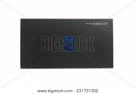 March 2018. Samsung Galaxy S9 In The Box Close-up. New Smartphone Sealed In A Box On A White Backgro